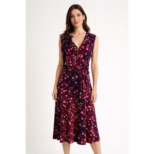 Leota Felicity Navy Floral Tulip Ruffle Faux Wrap Midi Dress Size Medium